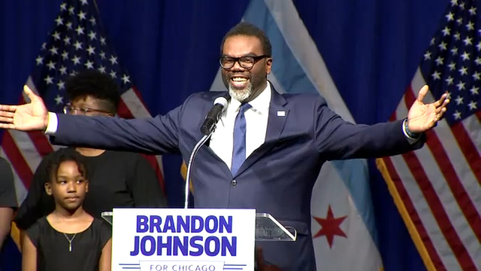 Brandon Johnson addresses crowd at victory speech, April 4, 2023