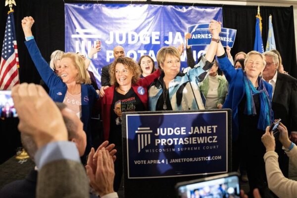 Janet Protasiewicz addresses supporters at her victory party, April 4, 2023
